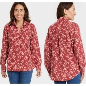 Knox Rose Abstract Floral Button down top Deep Hibiscus